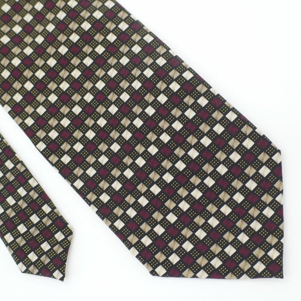 Alexander Julian Colours Black Tan Maroon Red Wide Print Geometric Silk Tie